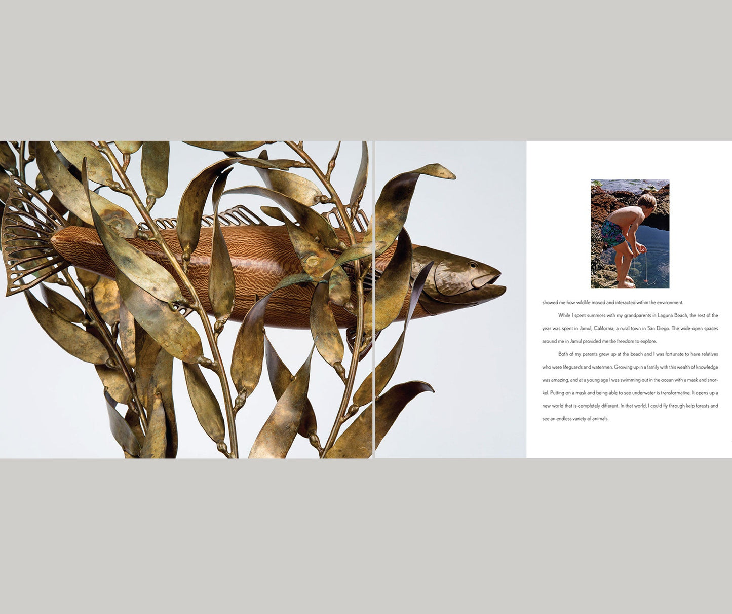 A sample page of 'A Natural Eye The Sculptural Works of Casey Parlette' featuring close-up, high quality images of his wildlife sculptures and content describing the artist's perspective.