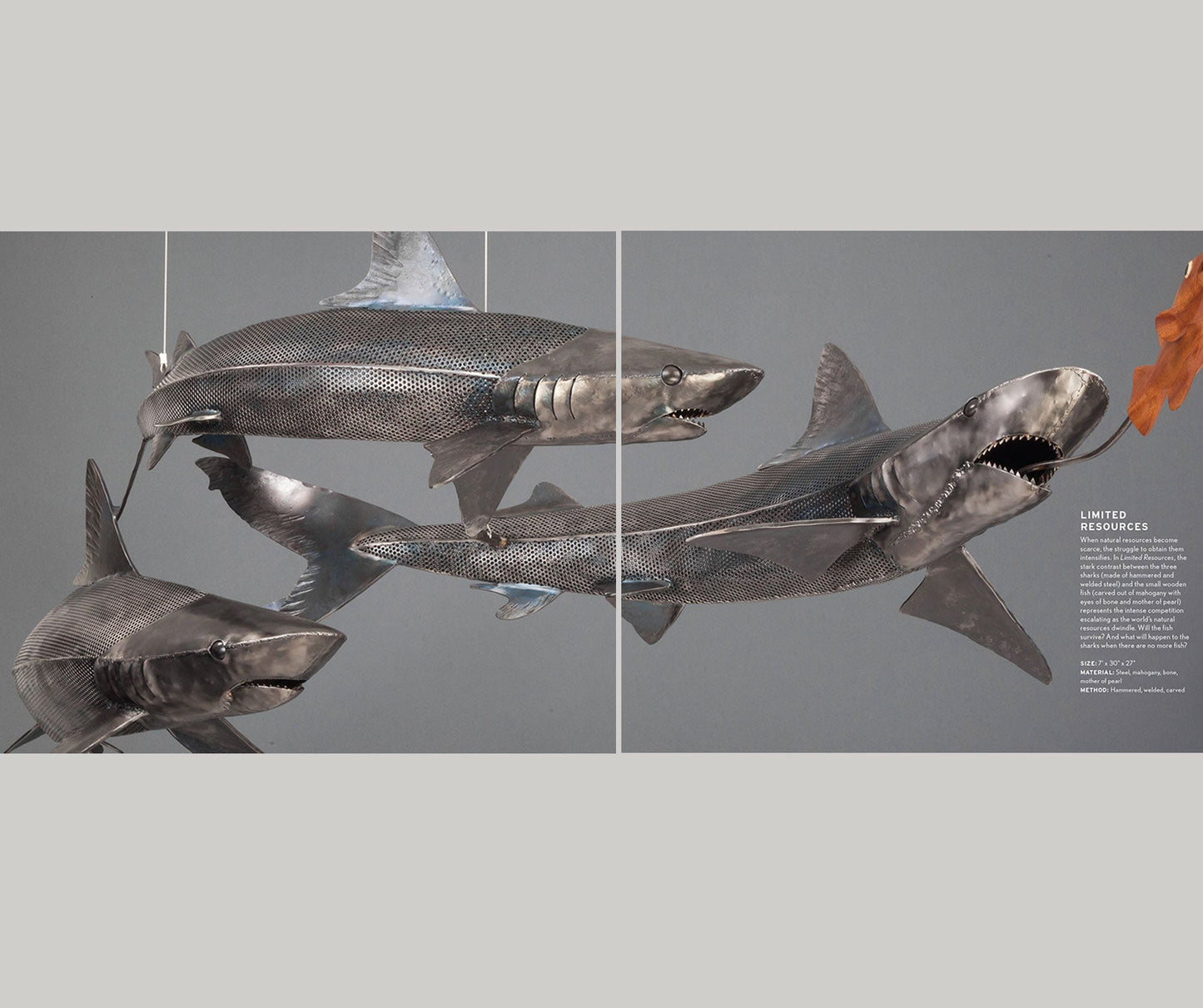 A sample page of 'A Natural Eye The Sculptural Works of Casey Parlette' featuring close-up, high quality images of a metal sculpture of sharks.