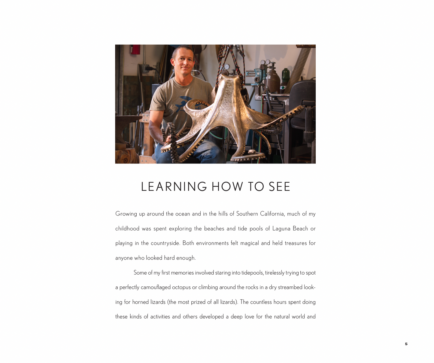 A sample page of 'A Natural Eye The Sculptural Works of Casey Parlette' featuring an image of the artist with a metal octopus sculpture and the artist's words on his inspiration and process.