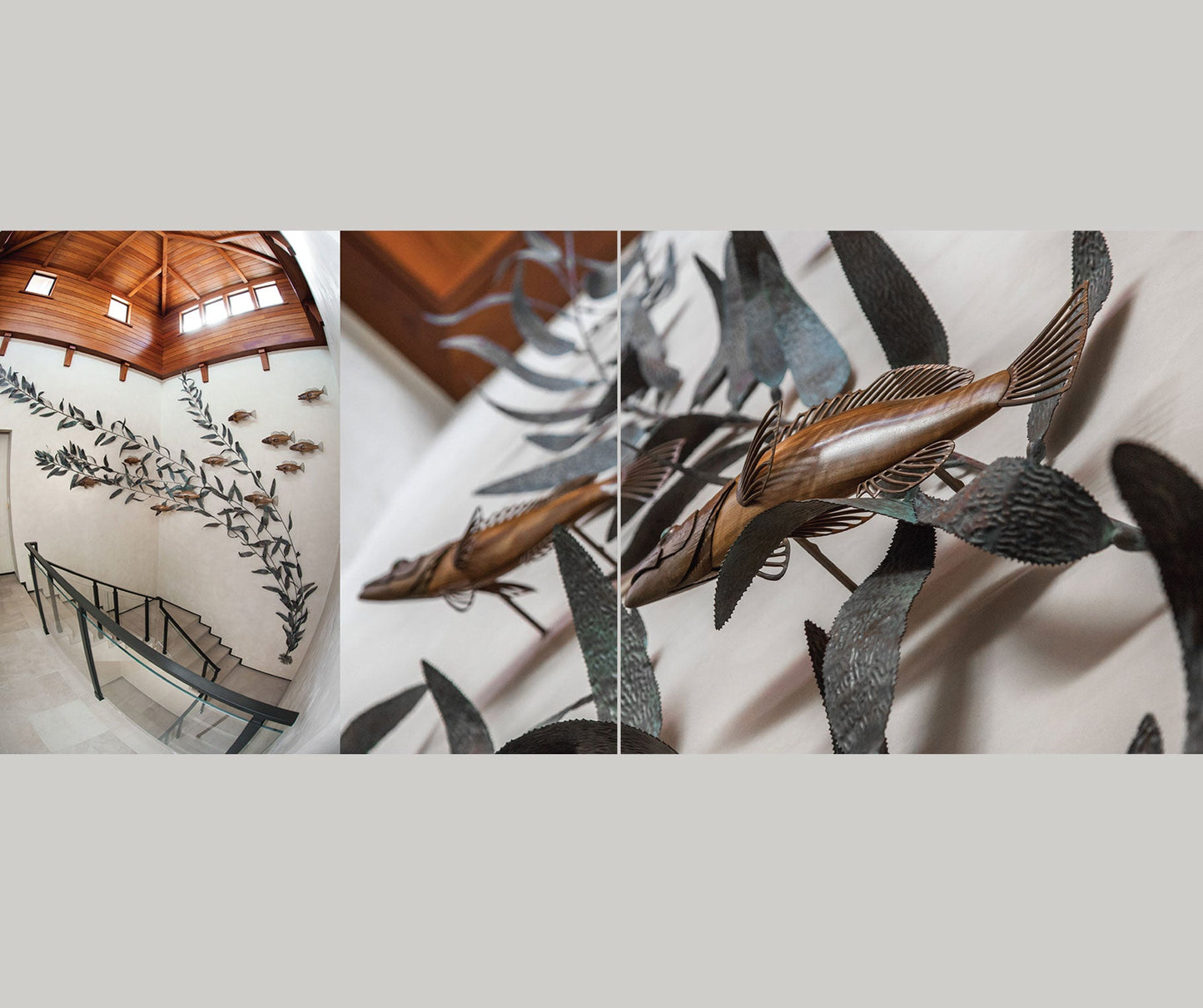 A sample page of 'A Natural Eye The Sculptural Works of Casey Parlette' featuring close-up, high quality images of a school of fish sculpture made with wood and metal.