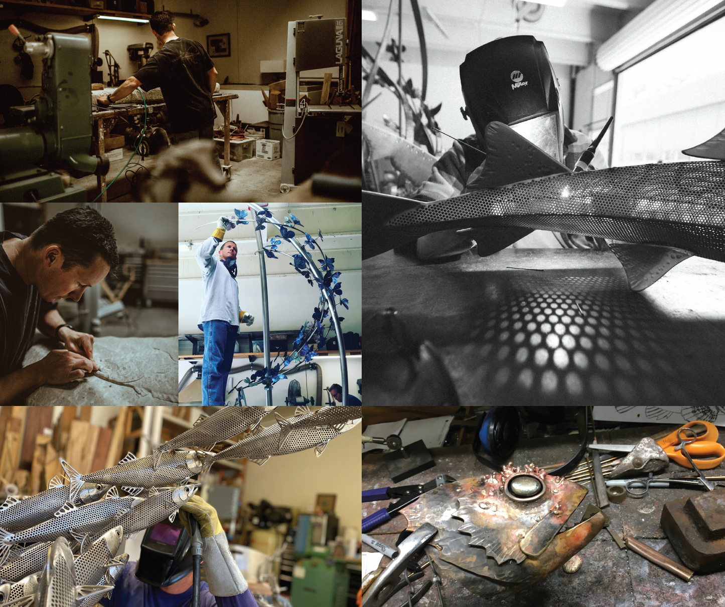 Collage of photos of Casey working in his studio to create a school of fish, a shark sculpture, a butterfly installation and a large fish statue.